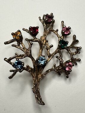 Vintage STER PC Sterling Silver Gold Tone Multicolor Rhinestone Tree Brooch